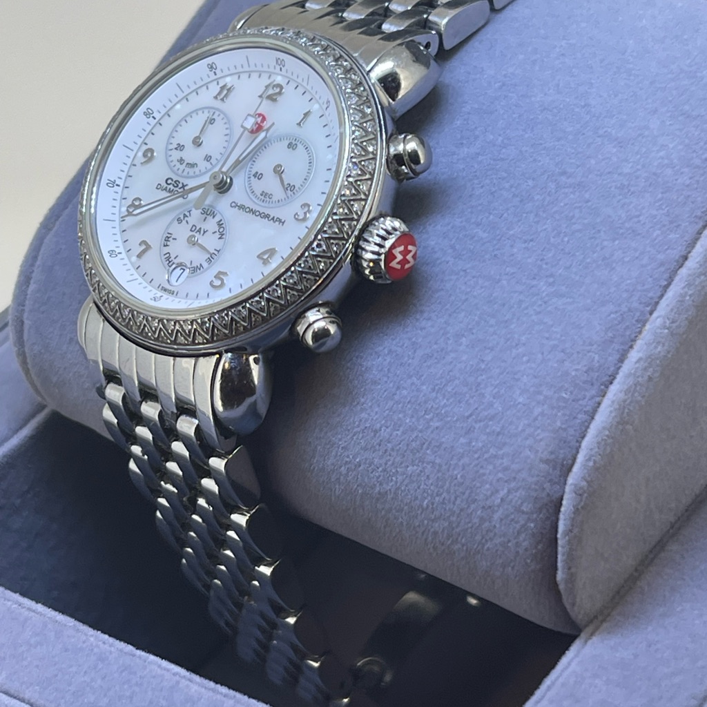 Authentic Michele Csx 36mm Diamonds Mother Of Pearl Dial Chronograph Watch
